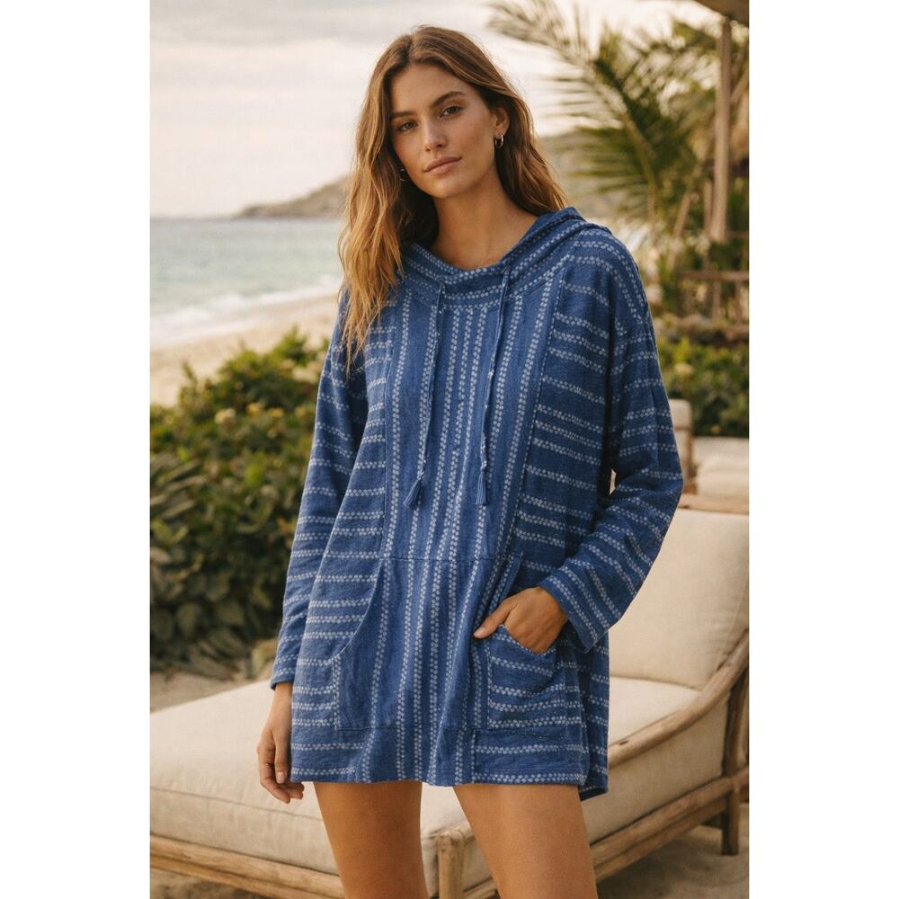 PURE JILL J. JILL INDIGO stripe pullover sweater blue white S hooded batik boho